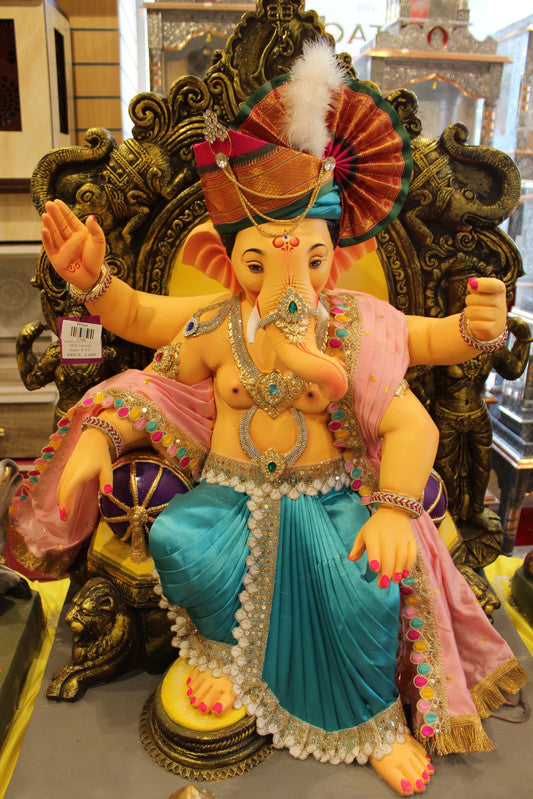 POP Ganesh Visarjan Idol - Peshwa Turban, Pink & Teal, Elephant Throne, 3ft - front
