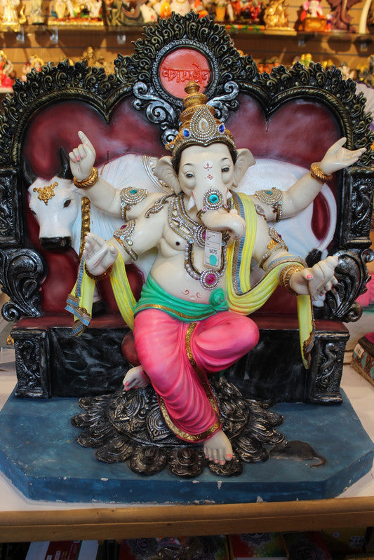 POP Ganesh Visarjan Idol Royal Throne with Cow Pink and Green 3ft - with price tag