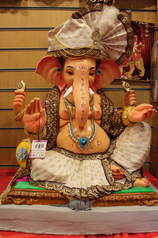 Eco-Friendly Ganesh Idol - Ivory Safa & Maroon Shawl, front view