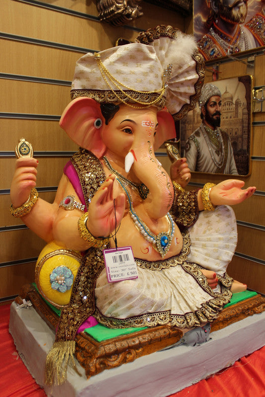 Eco-Friendly Ganesh Idol - Ivory Safa & Maroon Shawl, angle view