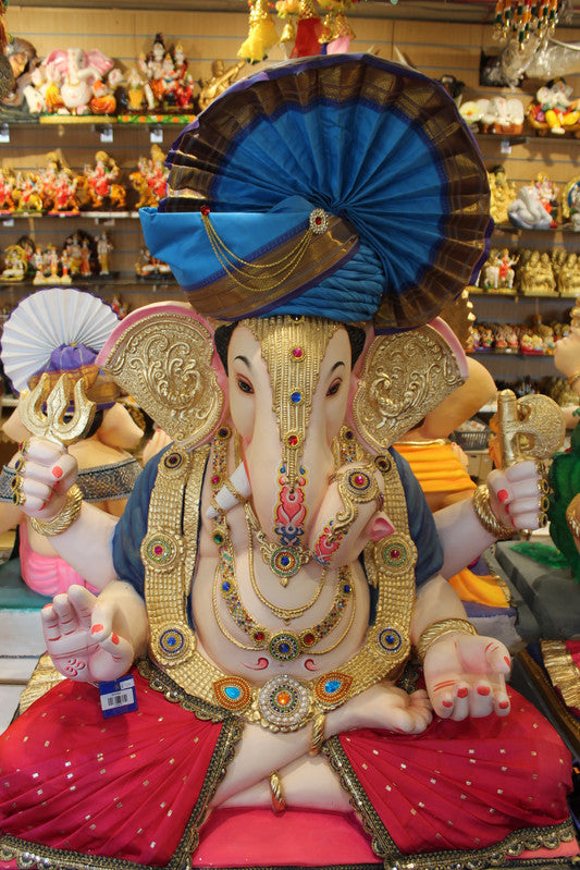 POP Ganesh Visarjan idol, Blue Pagdi and Red Sequin variant, front view