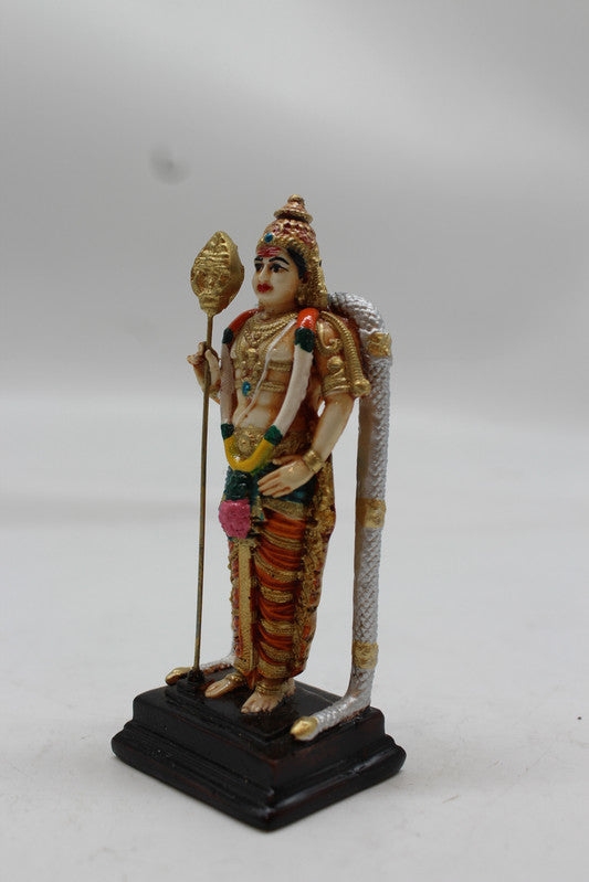 Standing Lord Murugan Idol with Vel Spear - Orange - angled view