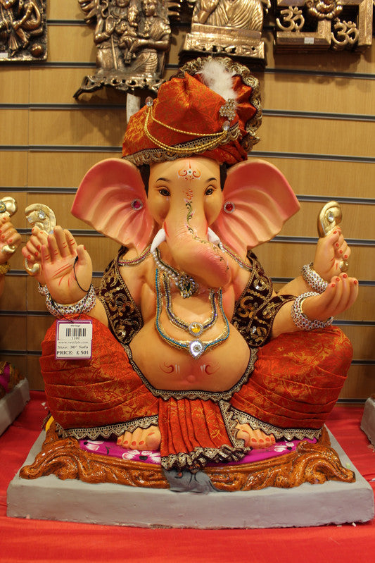Eco-Friendly Ganesh Idol - Orange Safa & Pink Cushion, front view