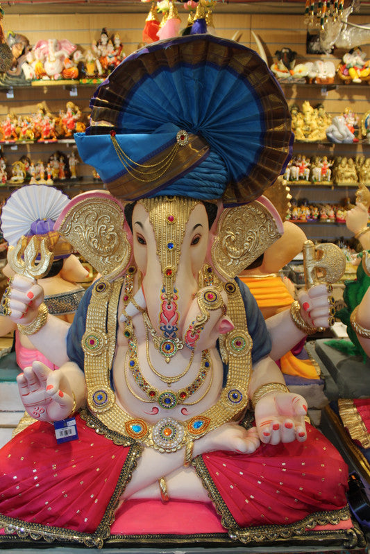 POP Ganesh Visarjan idol, Blue Pagdi and Red Sequin variant, front view 2