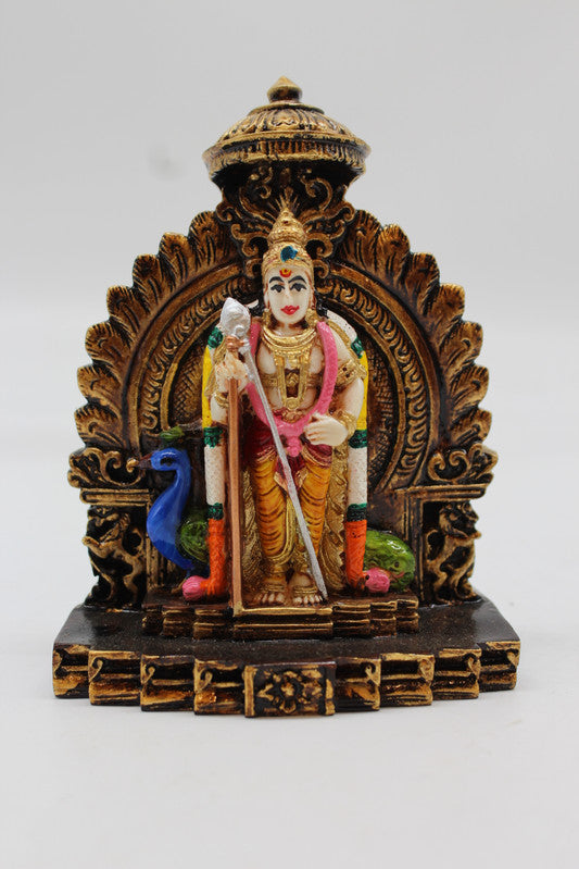 Standing Lord Murugan Idol with Peacock – Temple Arch Base - Orange - front view