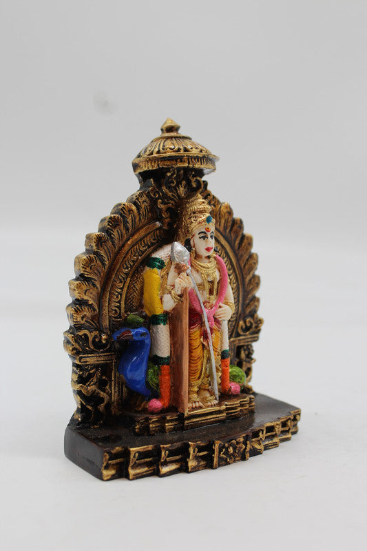 Standing Lord Murugan Idol with Peacock – Temple Arch Base - Orange - side view
