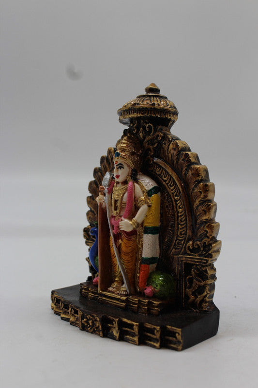 Standing Lord Murugan Idol with Peacock – Temple Arch Base - Orange - angled view