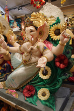 Load image into Gallery viewer, POP Ganesh Visarjan idol, dancing pose with floral peacock backdrop, close-up