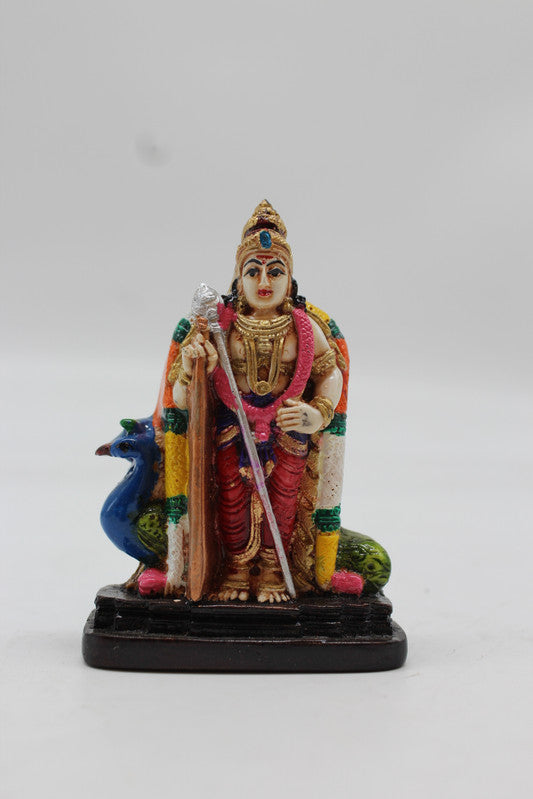 Standing Lord Murugan Idol with Peacock – Golden Pillar Base - Red - front view