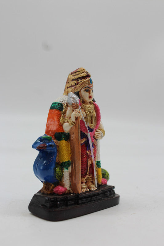 Standing Lord Murugan Idol with Peacock – Golden Pillar Base - Red - side view