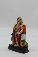 Load image into Gallery viewer, Standing Lord Murugan Idol with Peacock – Golden Pillar Base - Red - angled view