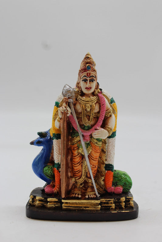 Standing Lord Murugan Idol with Peacock – Golden Pillar Base - Orange - front view
