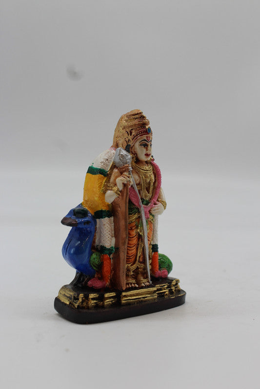 Standing Lord Murugan Idol with Peacock – Golden Pillar Base - Orange - side view