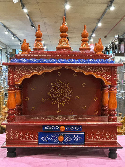 Hand-Painted Maroon red Wooden Mandir - A108