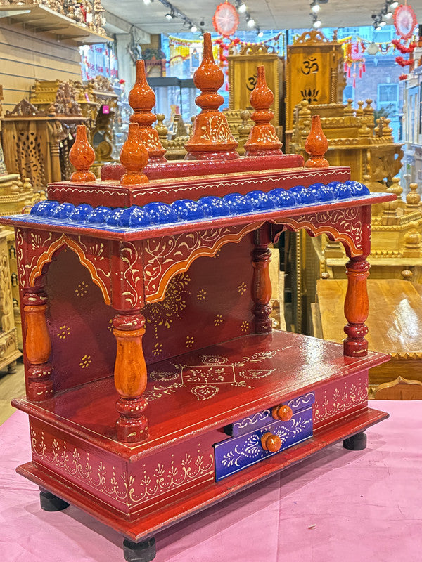 Hand-Painted Maroon red Wooden Mandir - A108