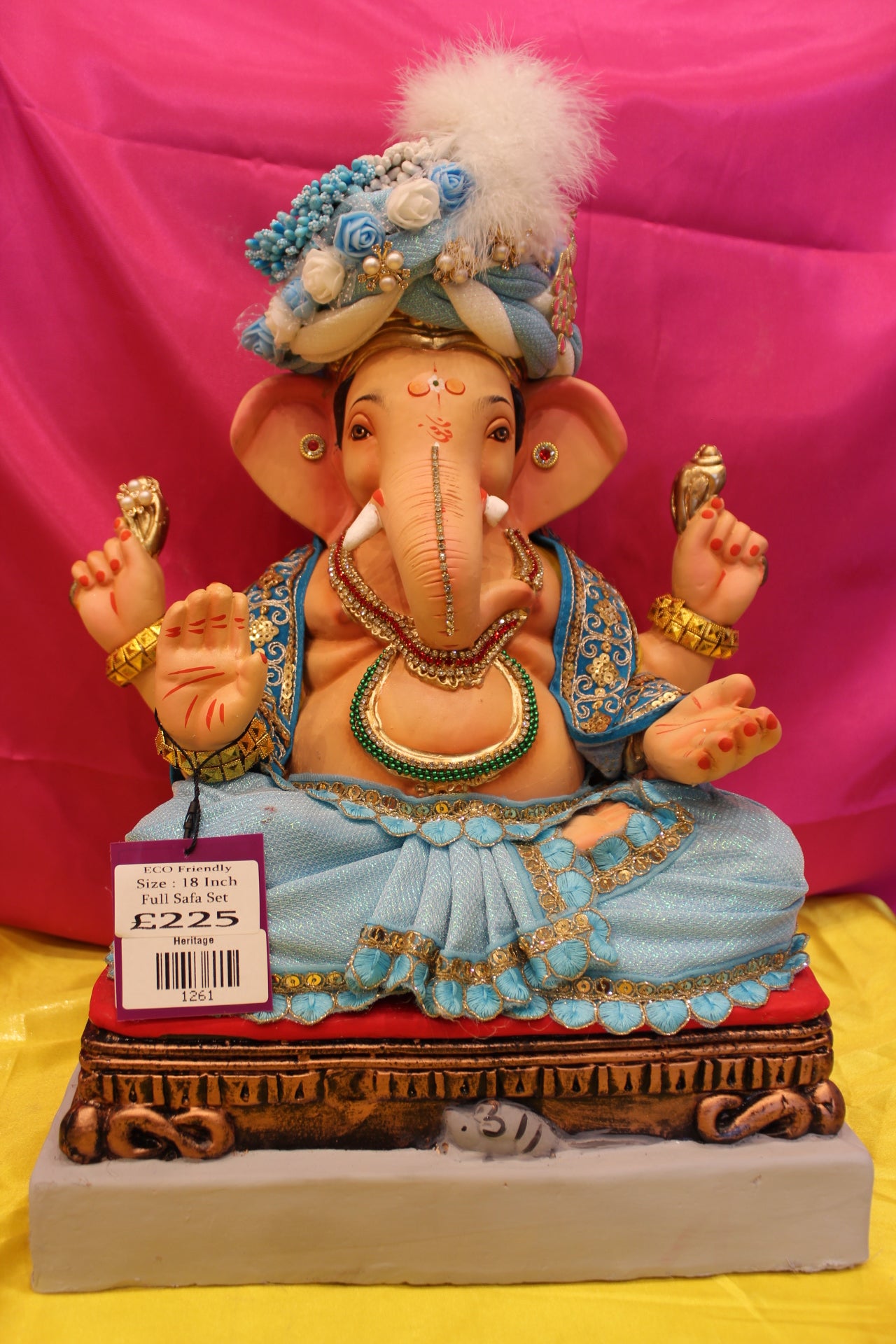 Eco-Friendly Ganesh Visarjan Idol – Full Safa Set, Powder Blue & Gold with Rose Safa, ~18 inch