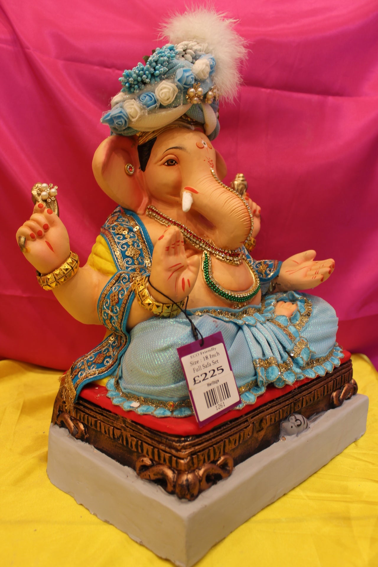 Eco-Friendly Ganesh Visarjan Idol – Full Safa Set, Powder Blue & Gold with Rose Safa, ~18 inch