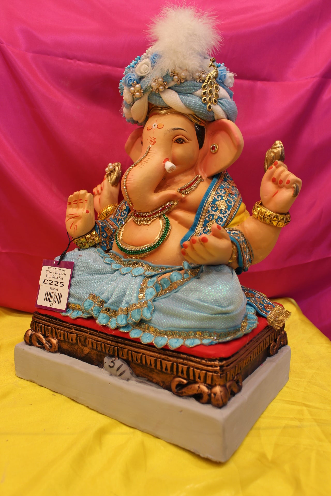 Eco-Friendly Ganesh Visarjan Idol – Full Safa Set, Powder Blue & Gold with Rose Safa, ~18 inch