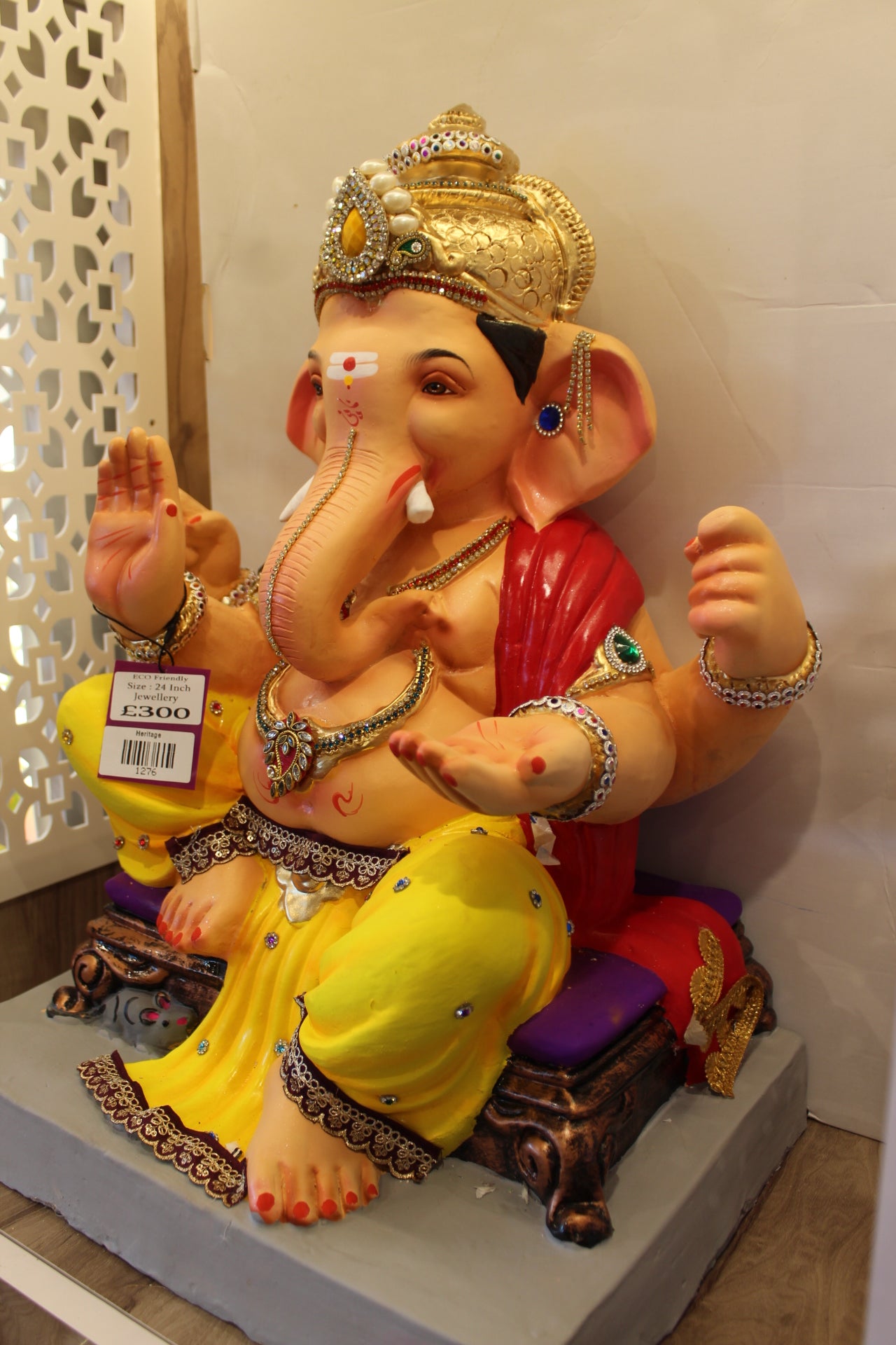 Eco-Friendly Ganesh Visarjan Idol – Jewellery Style, Yellow Dhoti & Red Drape, ~24 inch