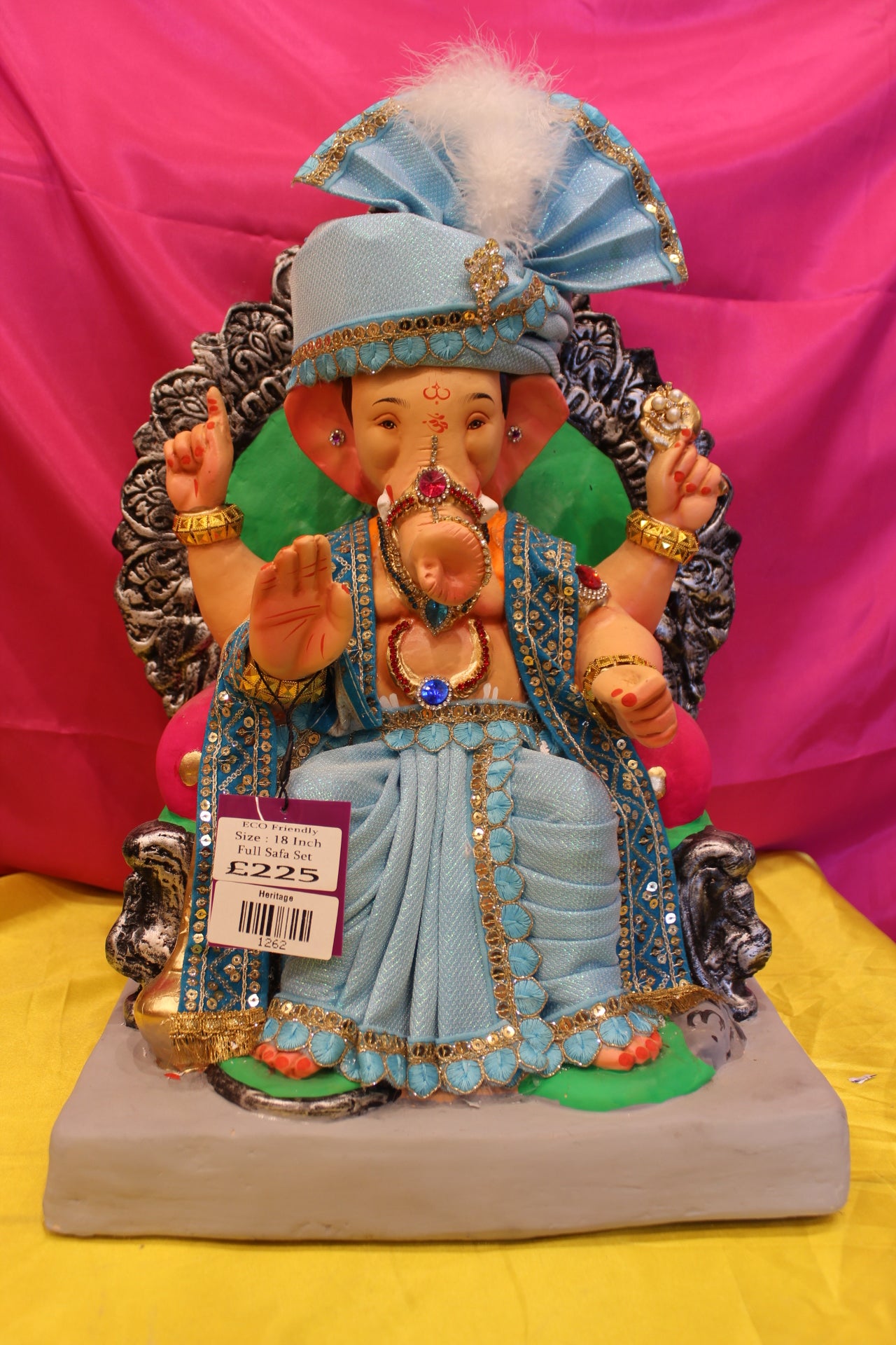 Eco-Friendly Ganesh Visarjan Idol – Full Safa Set, Powder Blue Velvet & Turquoise, ~18 inch