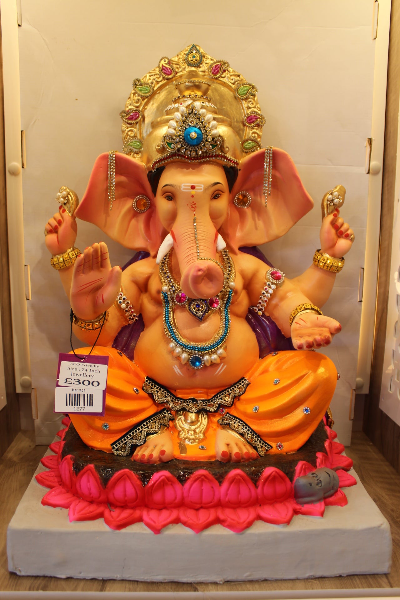 Eco-Friendly Ganesh Visarjan Idol – Saffron Dhoti & Pink Lotus Halo, ~24 inch