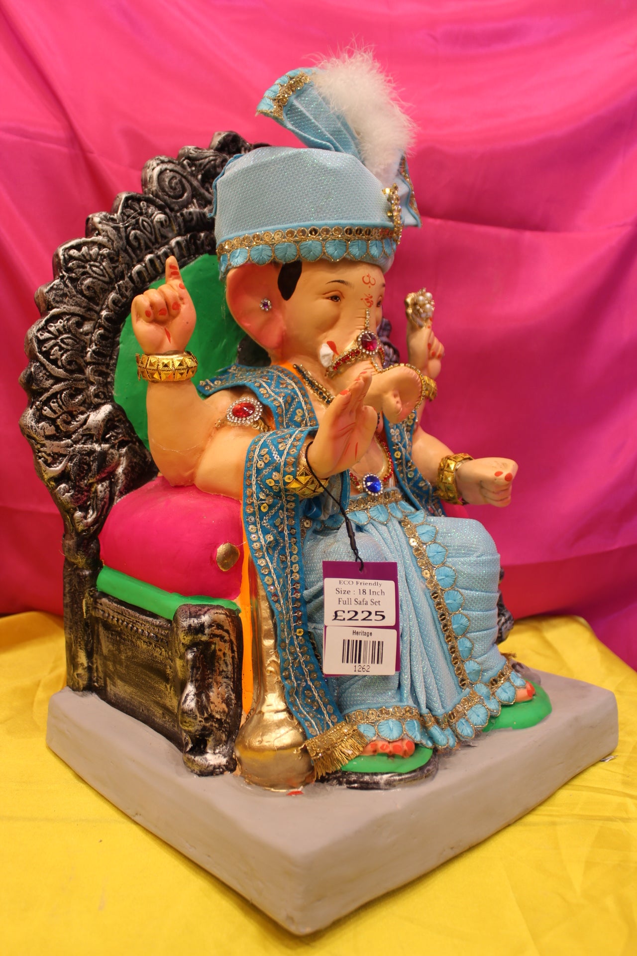 Eco-Friendly Ganesh Visarjan Idol – Full Safa Set, Powder Blue Velvet & Turquoise, ~18 inch