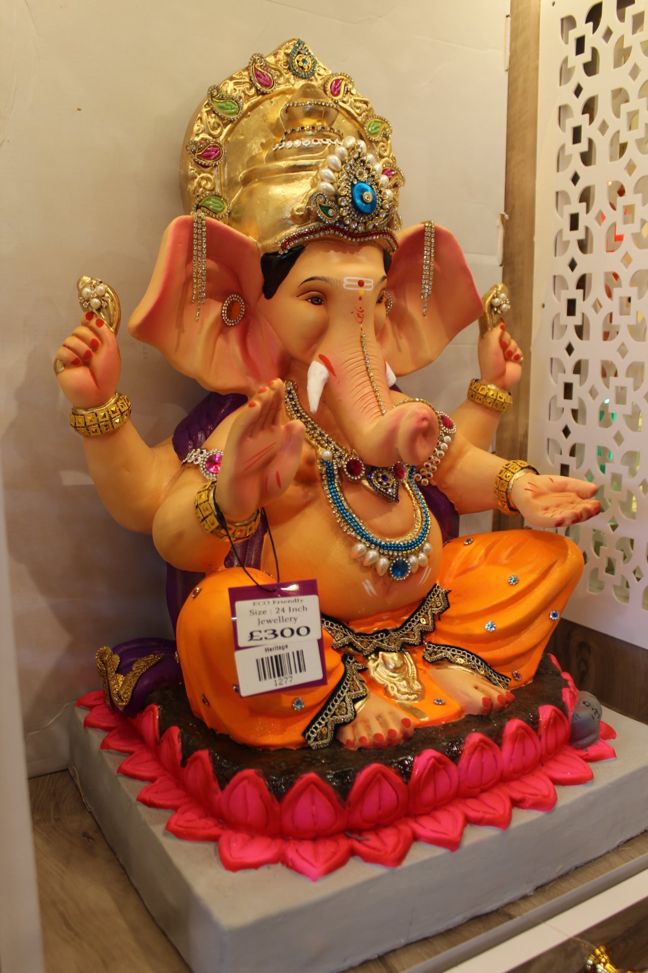 Eco-Friendly Ganesh Visarjan Idol – Saffron Dhoti & Pink Lotus Halo, ~24 inch