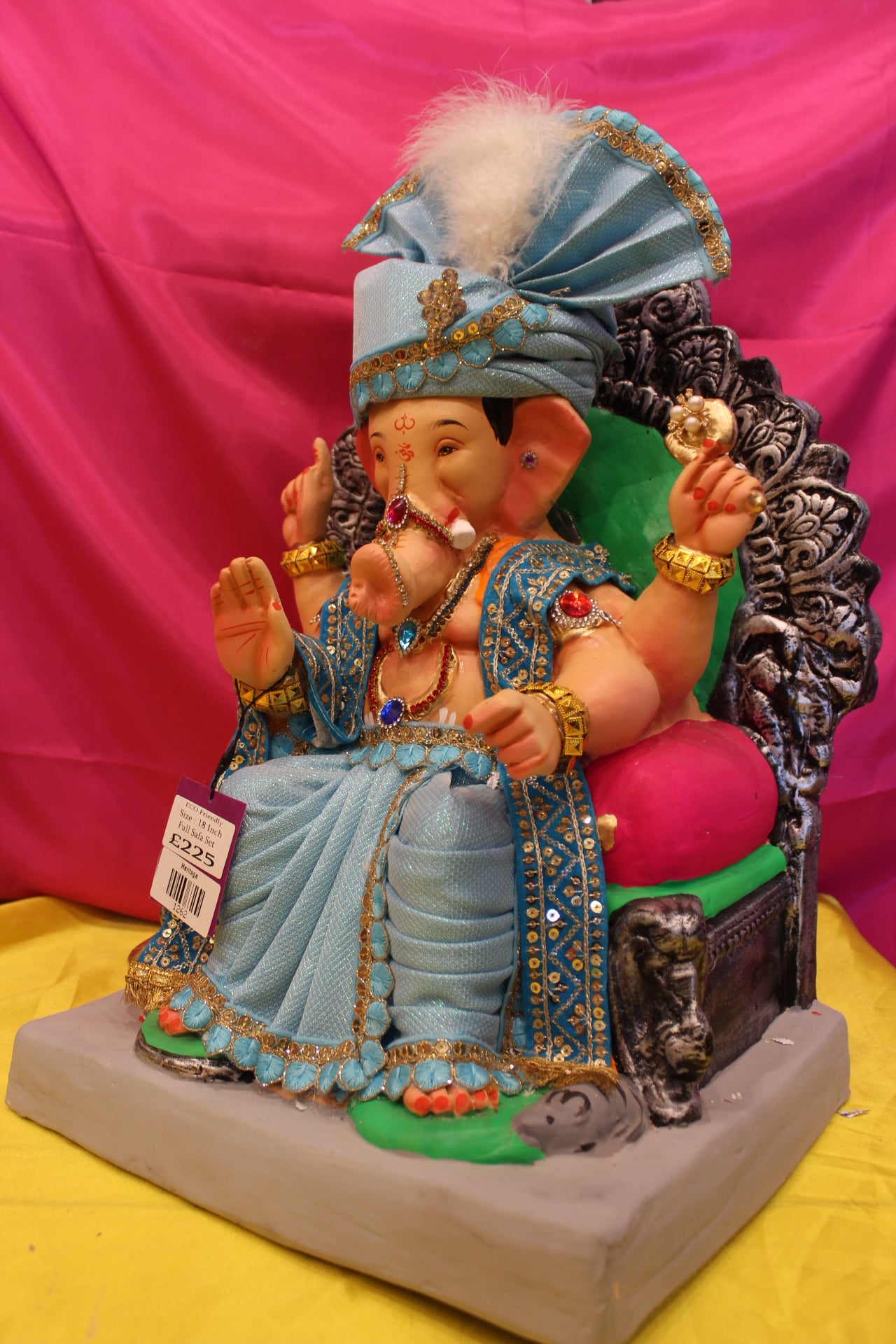Eco-Friendly Ganesh Visarjan Idol – Full Safa Set, Powder Blue Velvet & Turquoise, ~18 inch