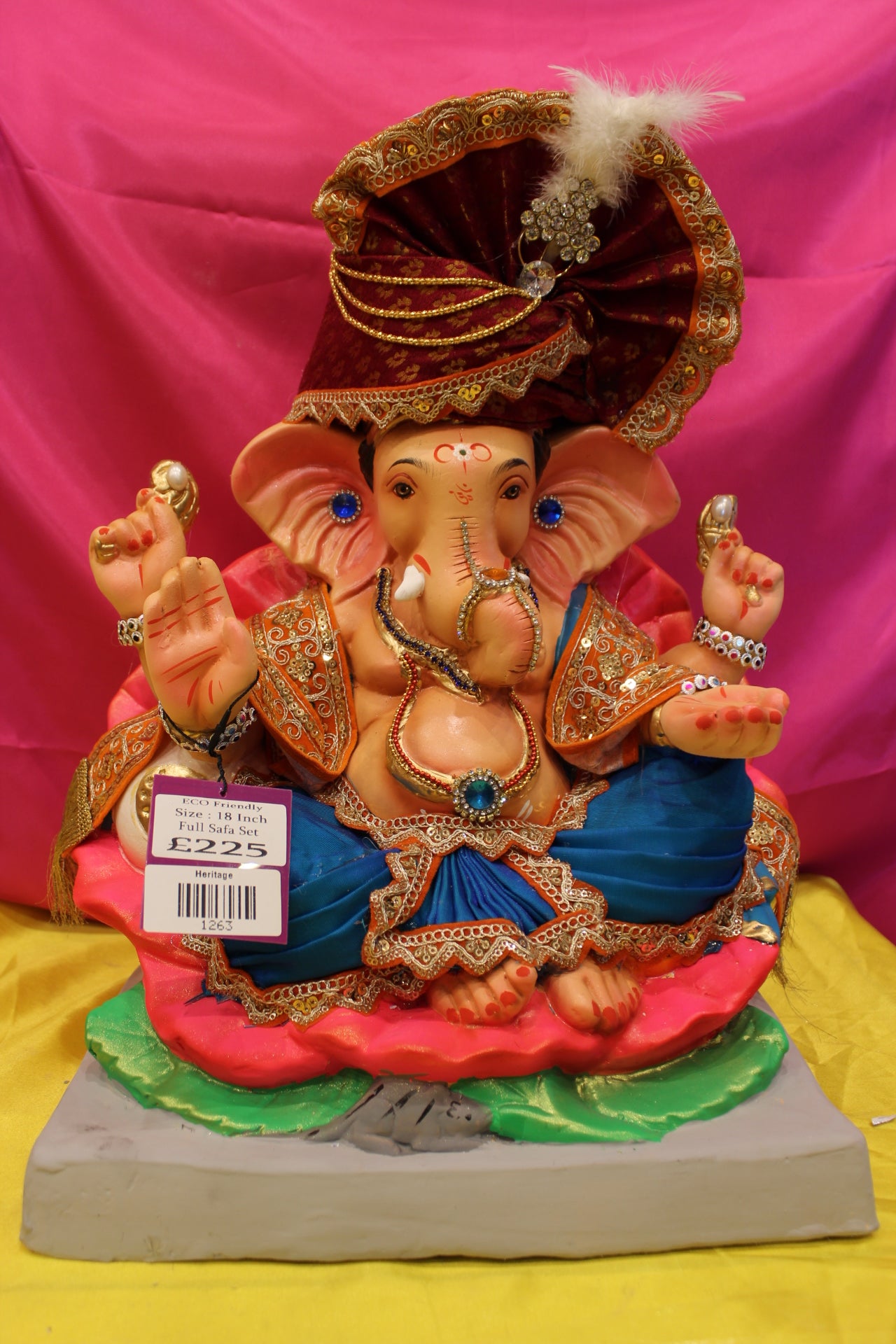 Eco-Friendly Ganesh Visarjan Idol – Full Safa Set, Royal Blue & Coral with Maroon Safa, ~18 inch