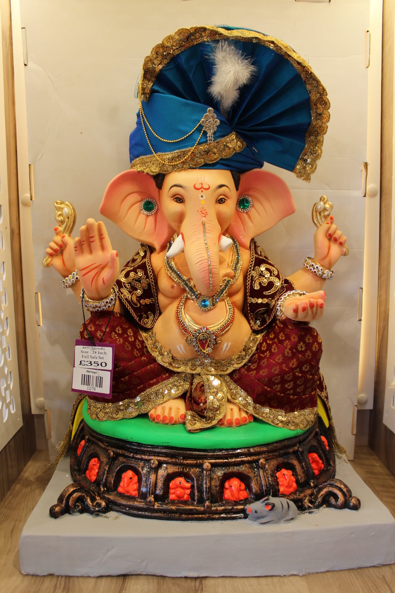Eco-Friendly Ganesh Visarjan Idol – Full Safa Set, Maroon Brocade & Blue Safa, ~24 inch