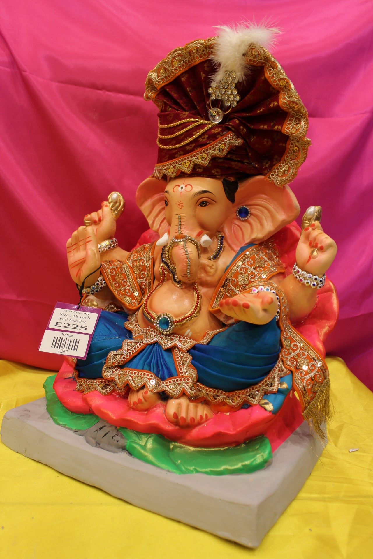 Eco-Friendly Ganesh Visarjan Idol – Full Safa Set, Royal Blue & Coral with Maroon Safa, ~18 inch