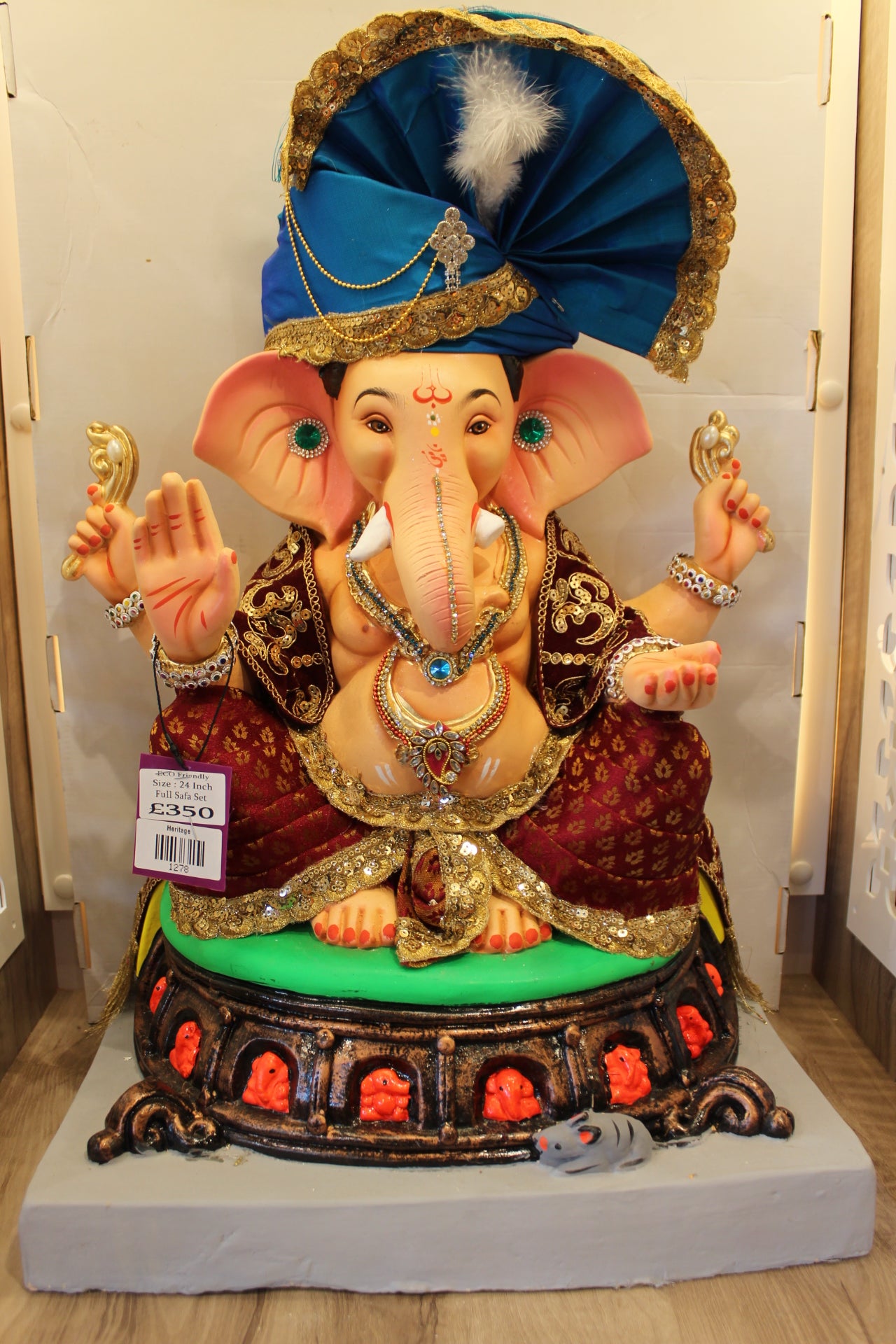 Eco-Friendly Ganesh Visarjan Idol – Full Safa Set, Maroon Brocade & Blue Safa, ~24 inch