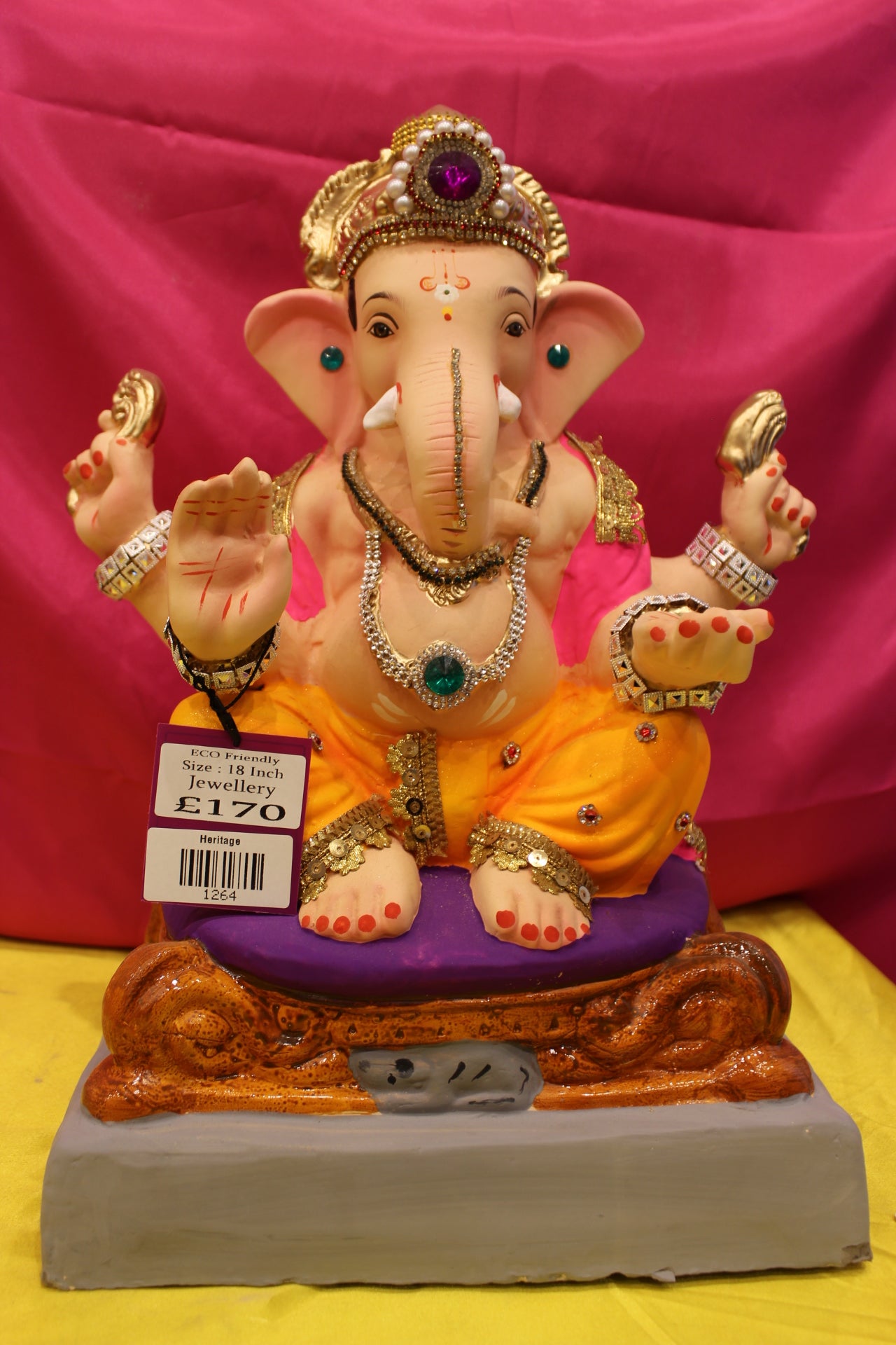 Eco-Friendly Ganesh Visarjan Idol – Jewellery Style, Marigold Dhoti & Pink Sash, ~18 inch