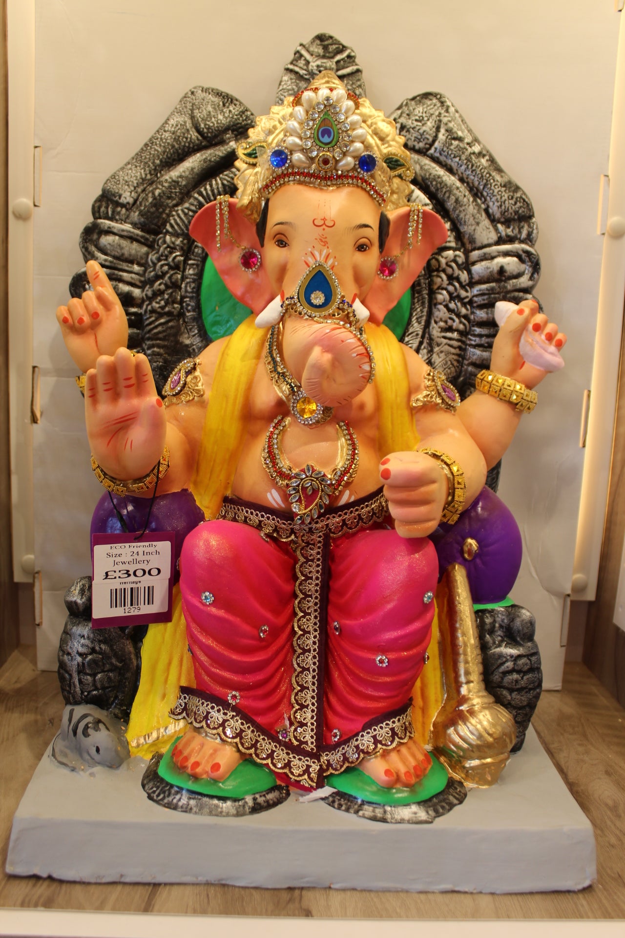 Eco-Friendly Ganesh Visarjan Idol – Rani Pink Drape & Yellow Khes, ~24 inch