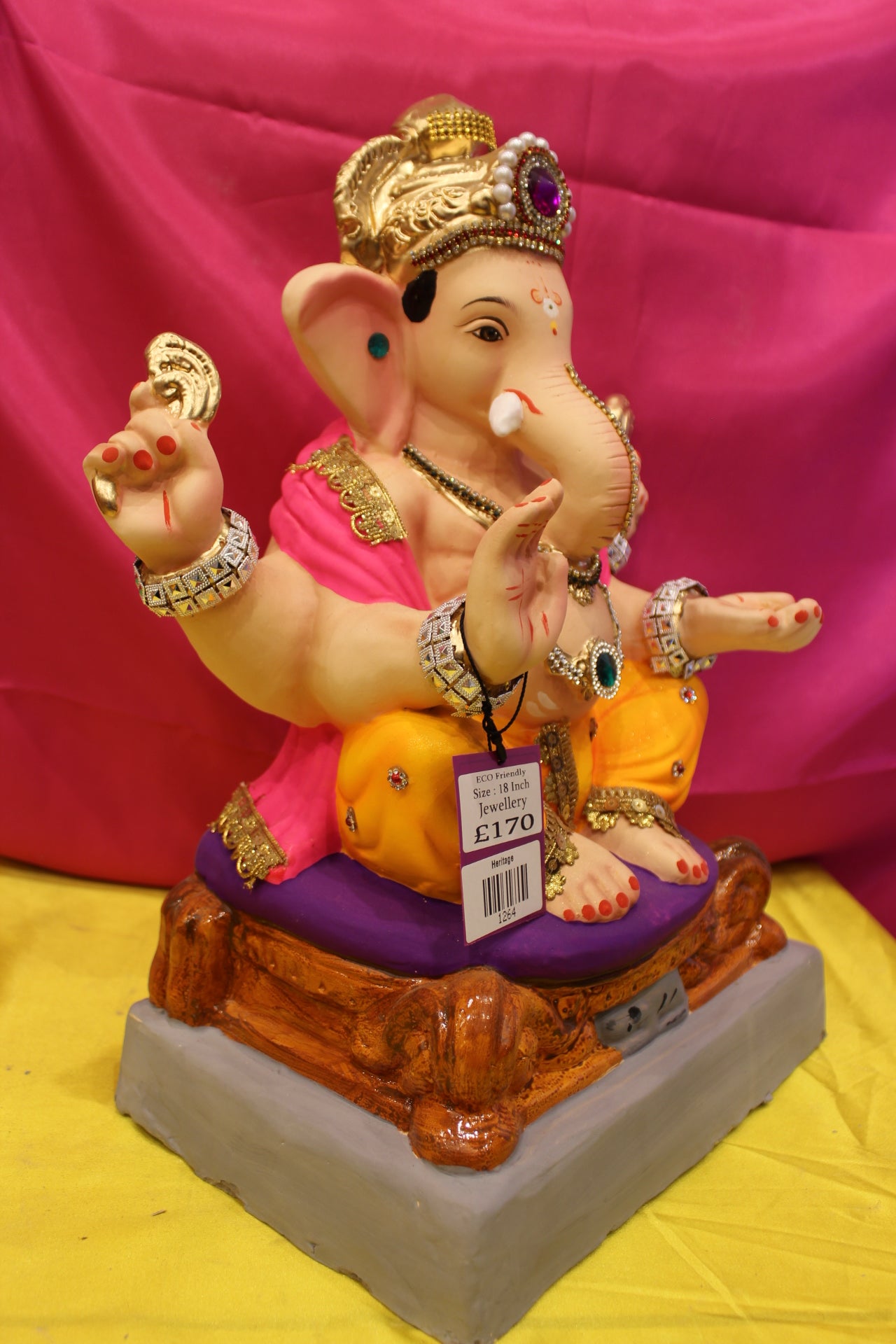 Eco-Friendly Ganesh Visarjan Idol – Jewellery Style, Marigold Dhoti & Pink Sash, ~18 inch