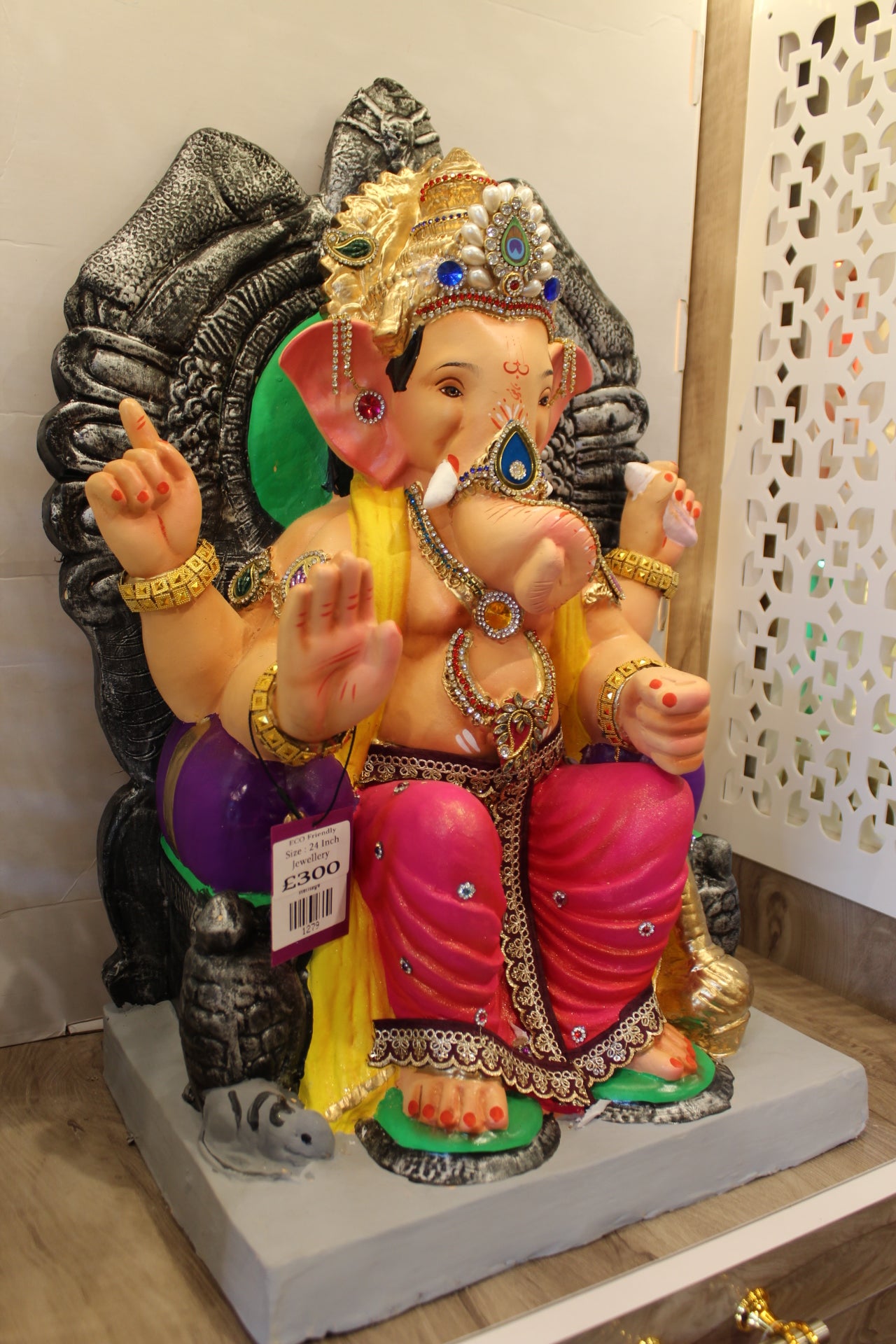 Eco-Friendly Ganesh Visarjan Idol – Rani Pink Drape & Yellow Khes, ~24 inch