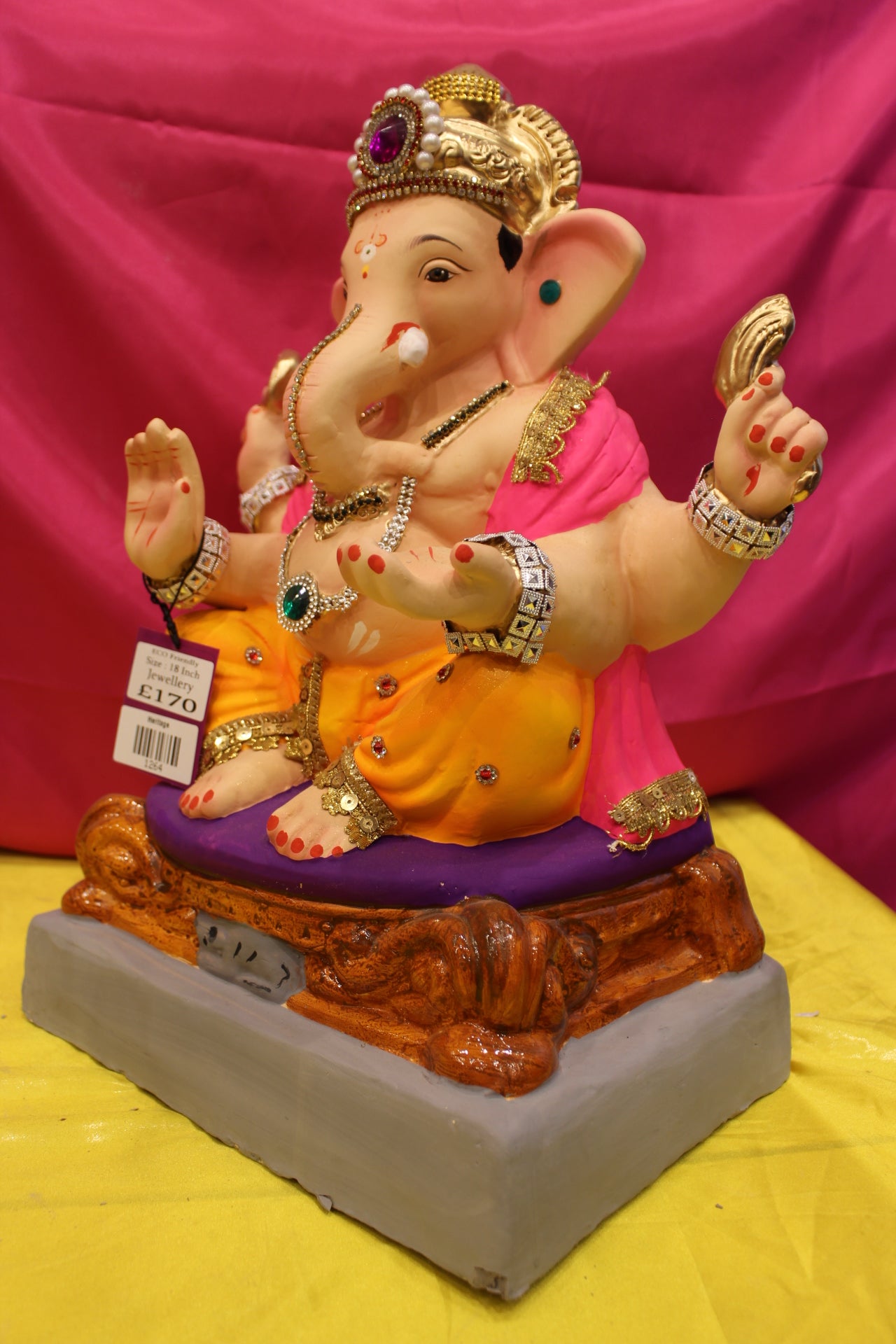 Eco-Friendly Ganesh Visarjan Idol – Jewellery Style, Marigold Dhoti & Pink Sash, ~18 inch