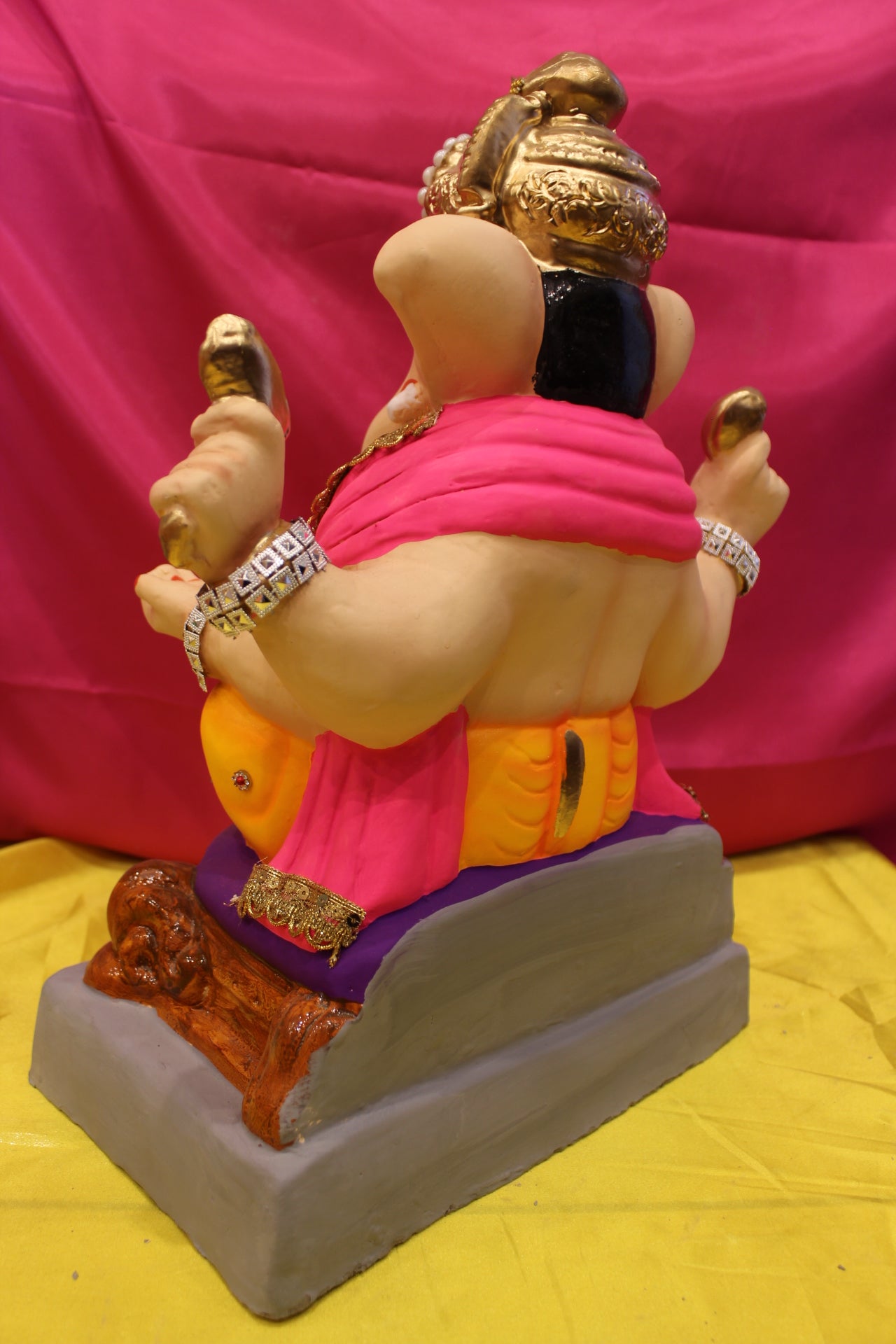 Eco-Friendly Ganesh Visarjan Idol – Jewellery Style, Marigold Dhoti & Pink Sash, ~18 inch