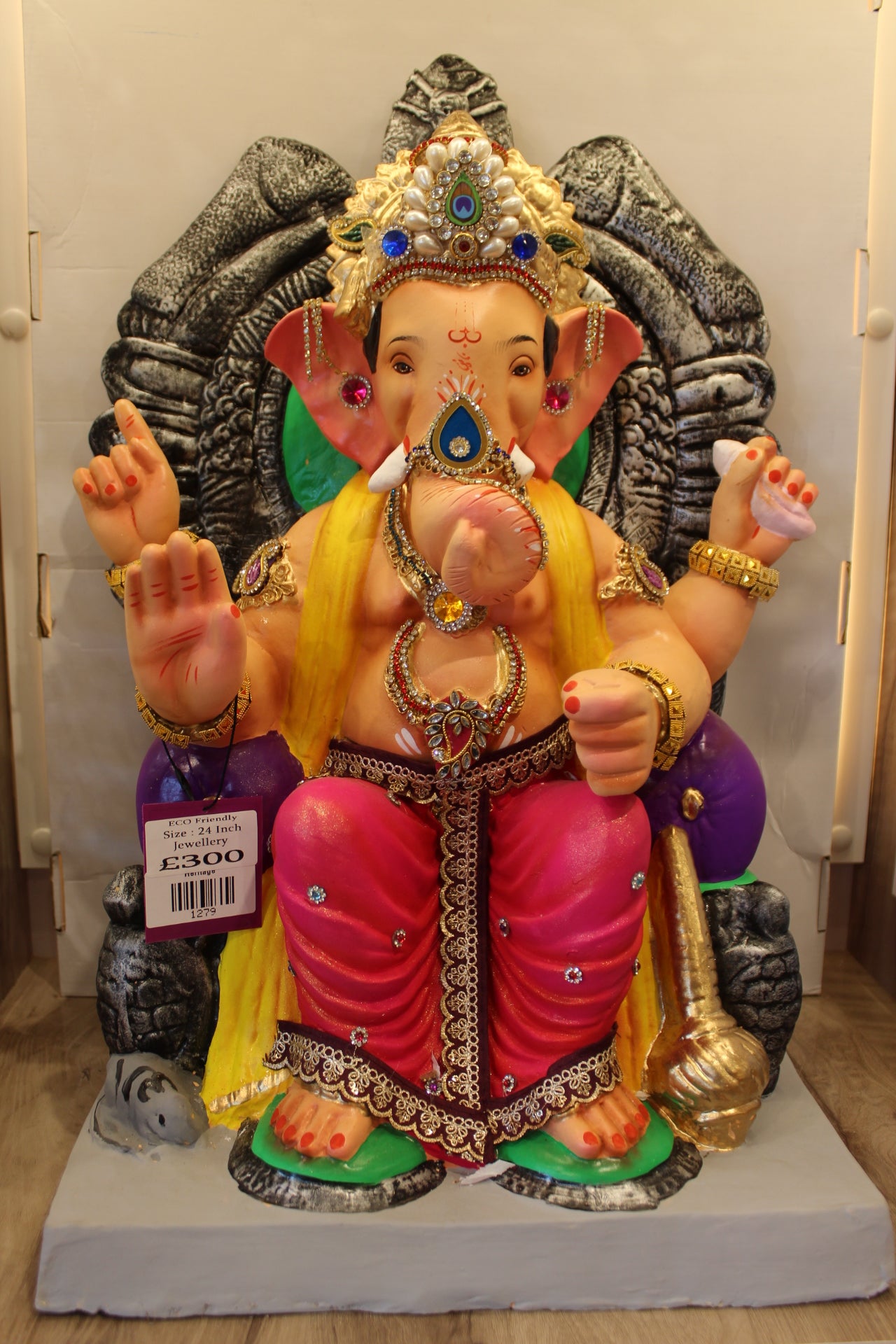 Eco-Friendly Ganesh Visarjan Idol – Rani Pink Drape & Yellow Khes, ~24 inch
