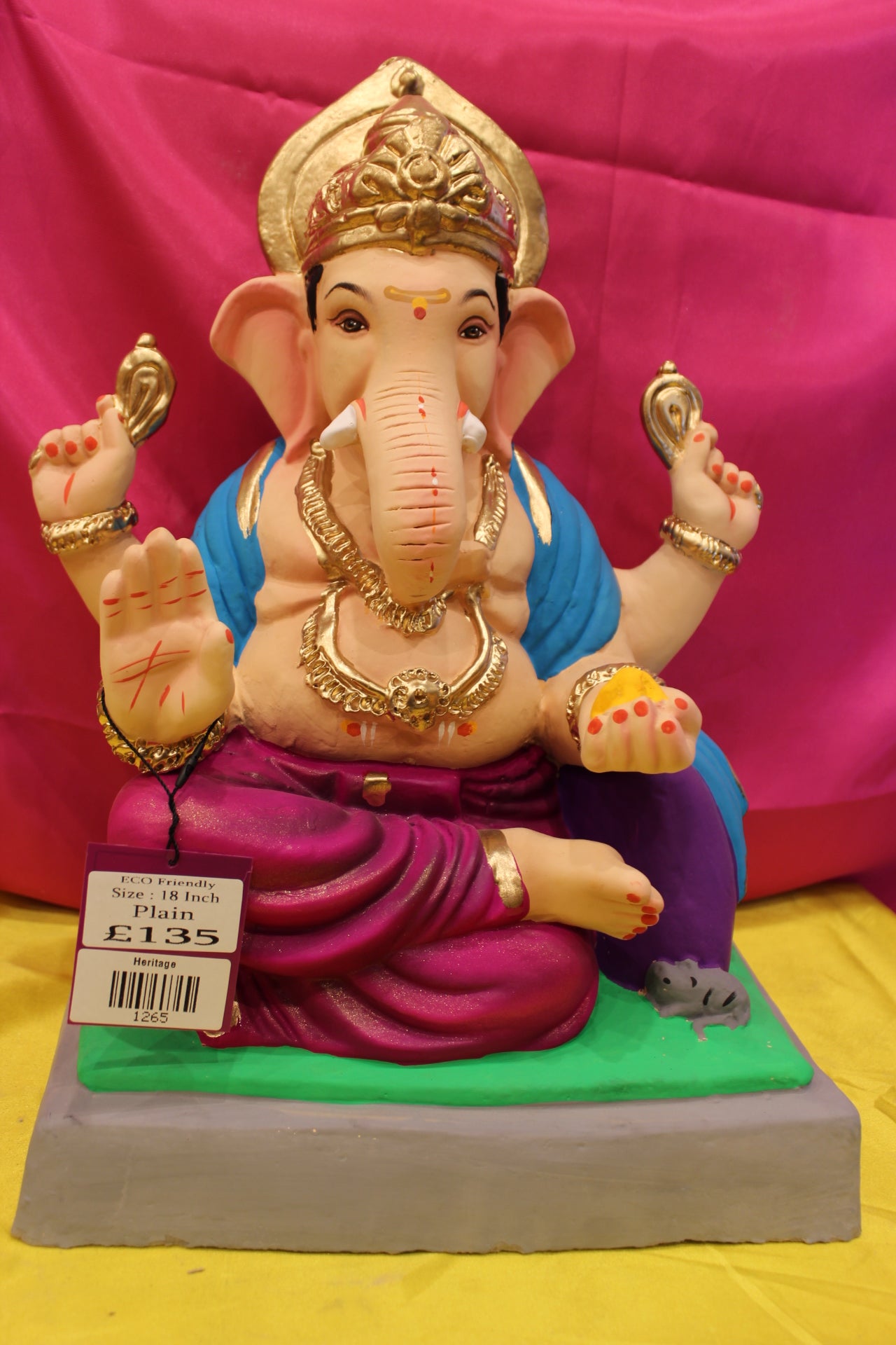 Eco-Friendly Ganesh Visarjan Idol – Magenta Dhoti & Blue Khes, Gold Mukut, ~18 inch
