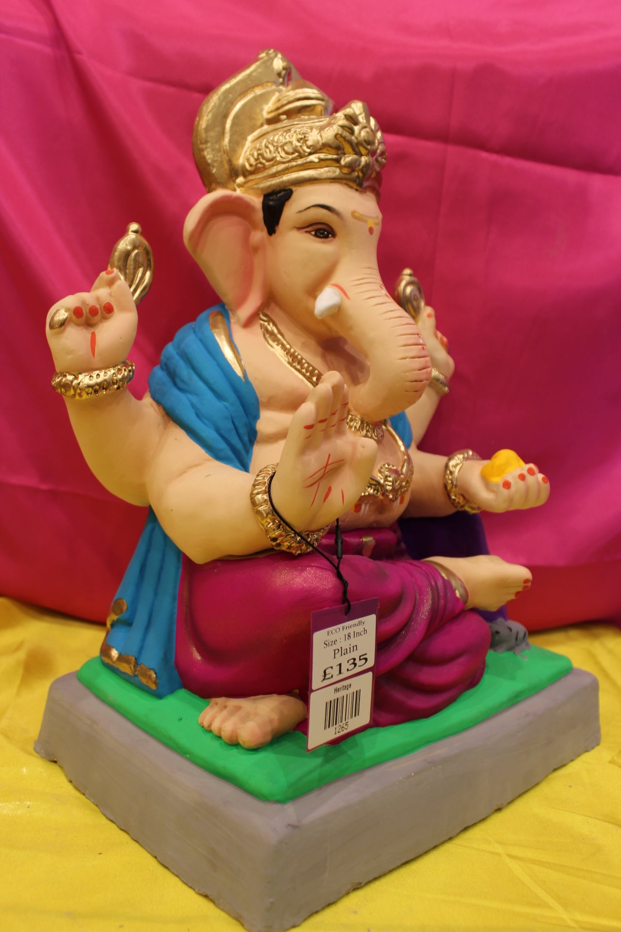 Eco-Friendly Ganesh Visarjan Idol – Magenta Dhoti & Blue Khes, Gold Mukut, ~18 inch