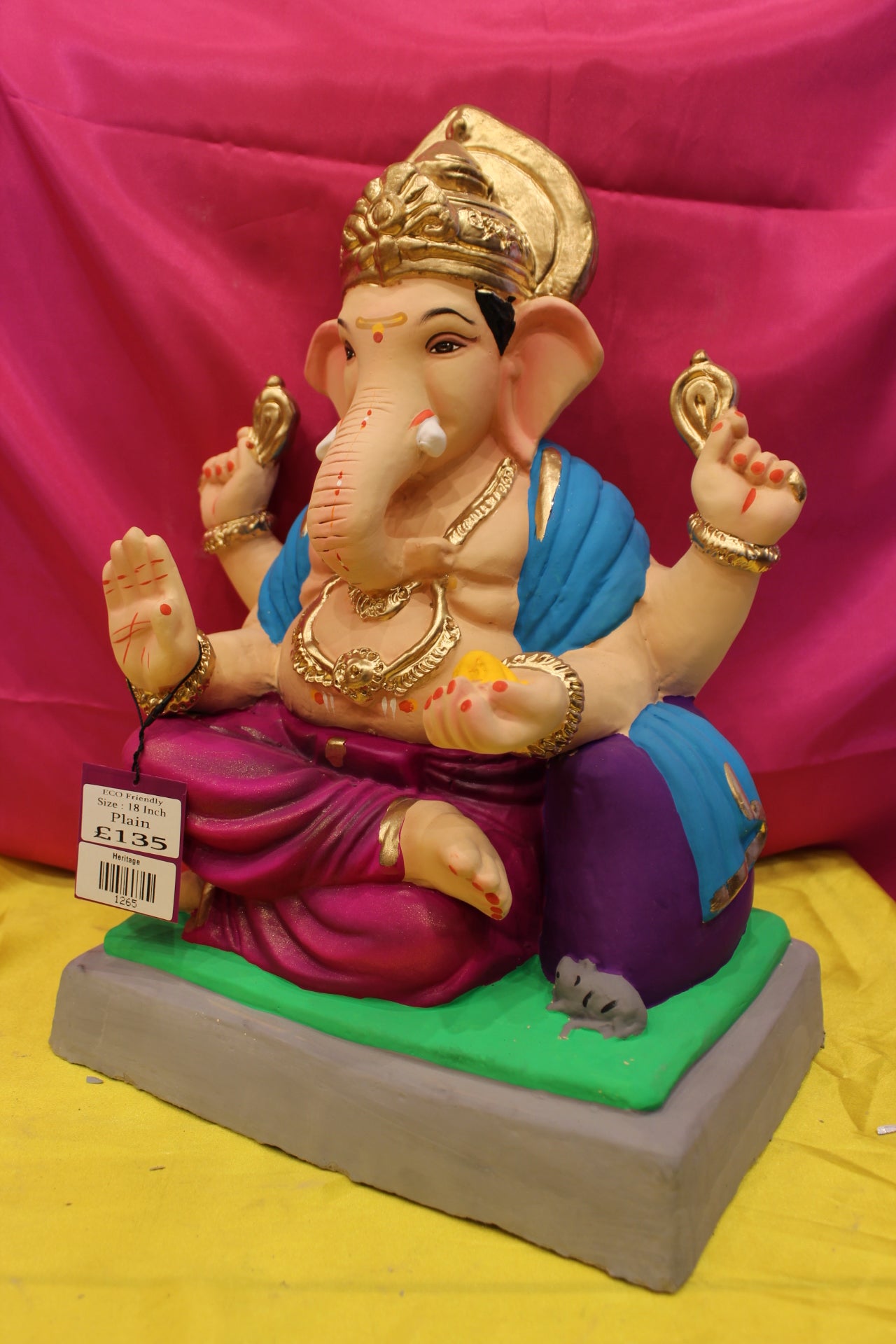 Eco-Friendly Ganesh Visarjan Idol – Magenta Dhoti & Blue Khes, Gold Mukut, ~18 inch