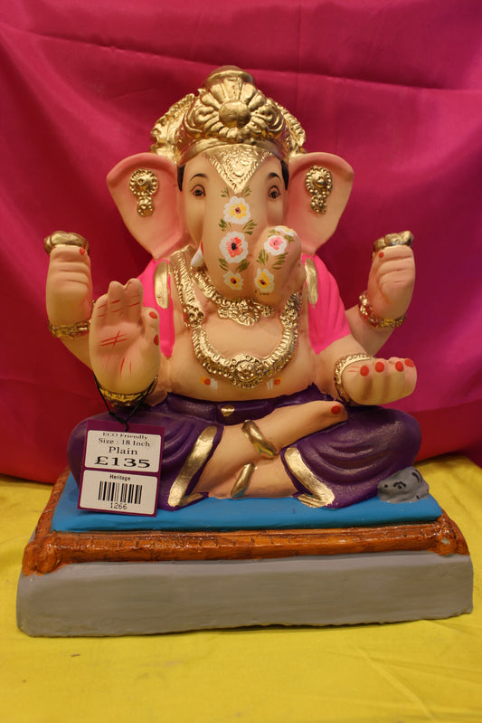 Eco-Friendly Ganesh Visarjan Idol – Pink Khes & Purple Dhoti, Gold Fan Mukut, 18 inch