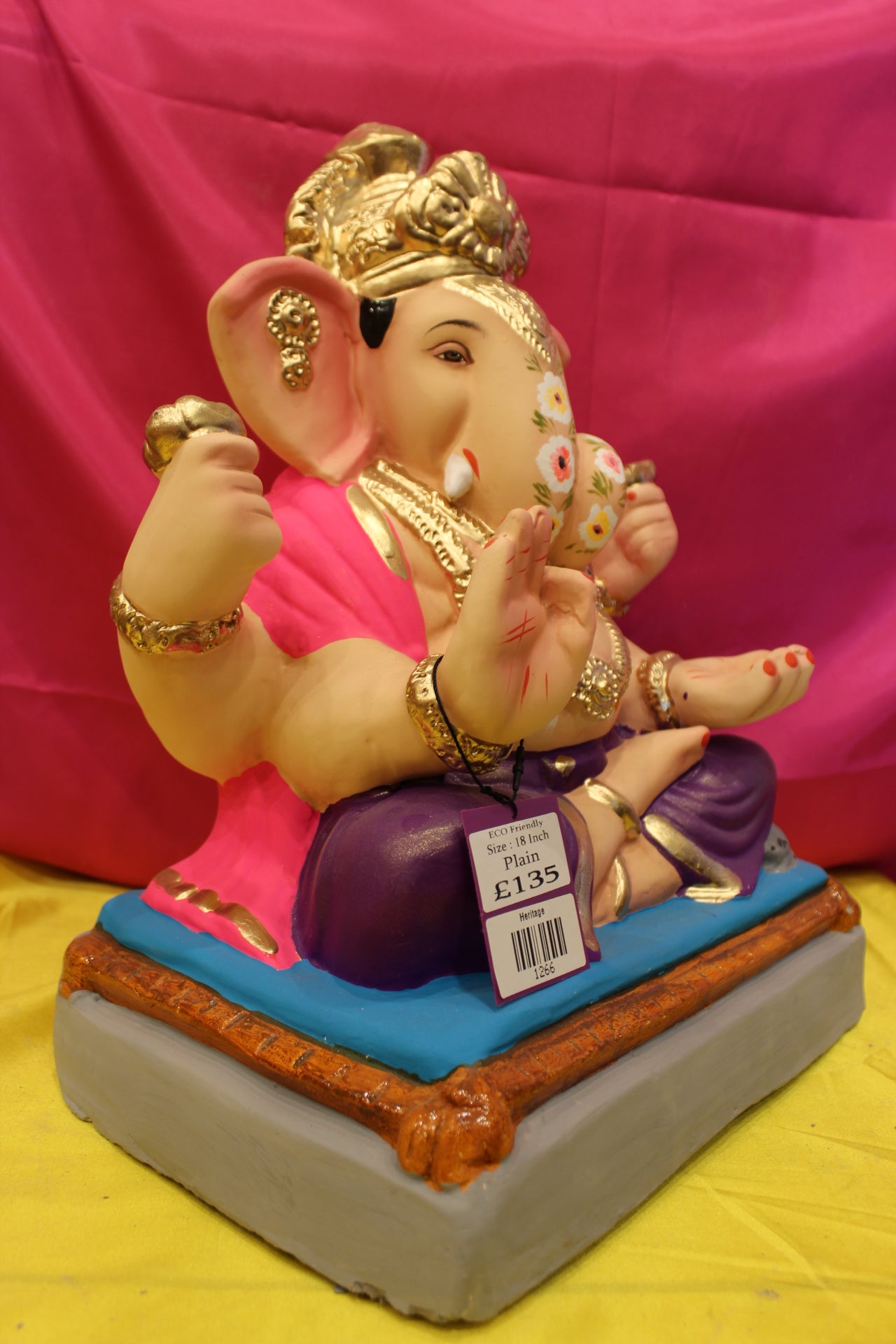 Eco-Friendly Ganesh Visarjan Idol – Pink Khes & Purple Dhoti, Gold Fan Mukut, ~18 inch
