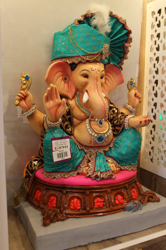 Eco-Friendly Ganesh Visarjan Idol – Full Safa Set, Teal Velvet & Gold Dot, 24 inch