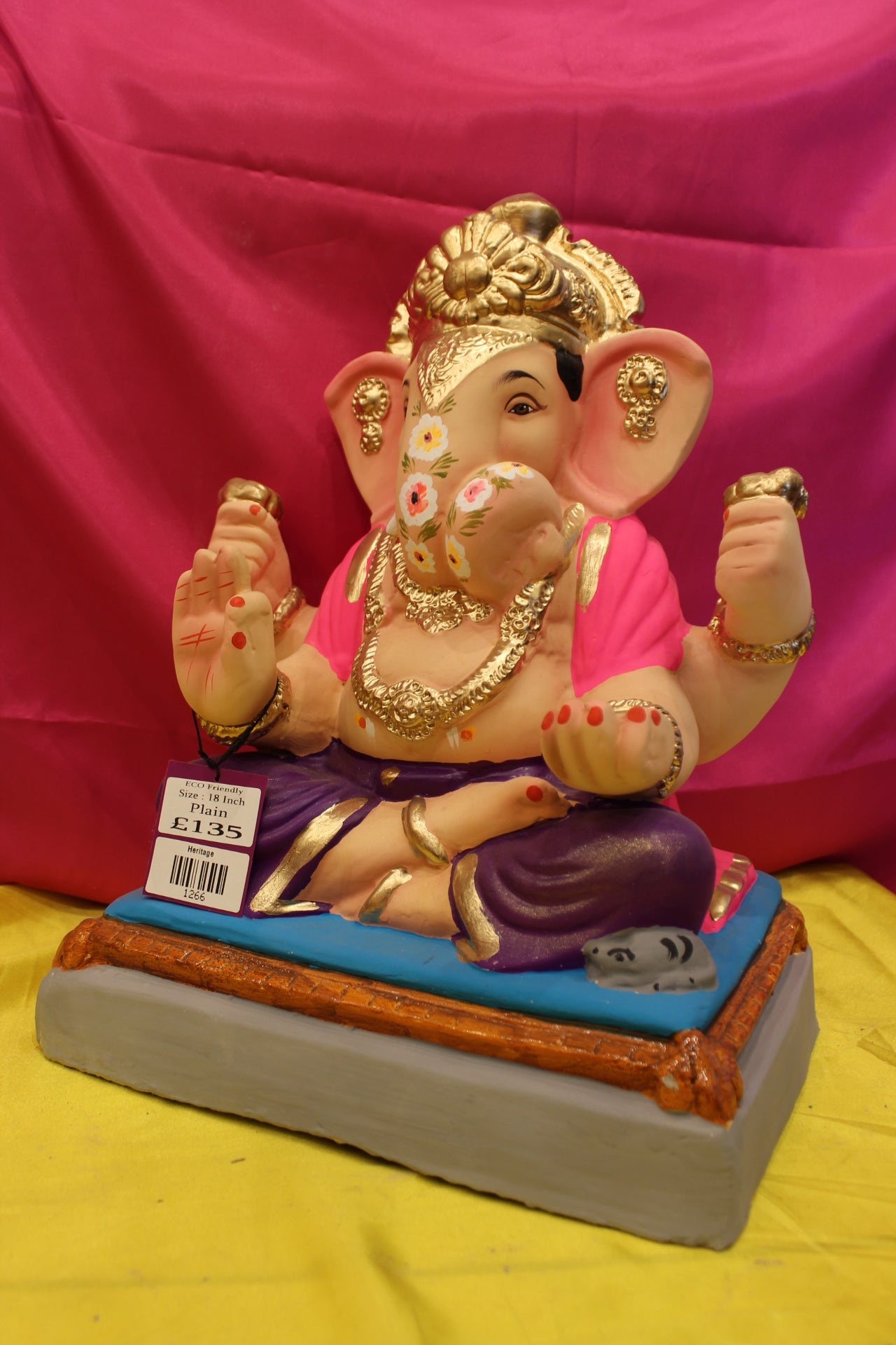 Eco-Friendly Ganesh Visarjan Idol – Pink Khes & Purple Dhoti, Gold Fan Mukut, ~18 inch