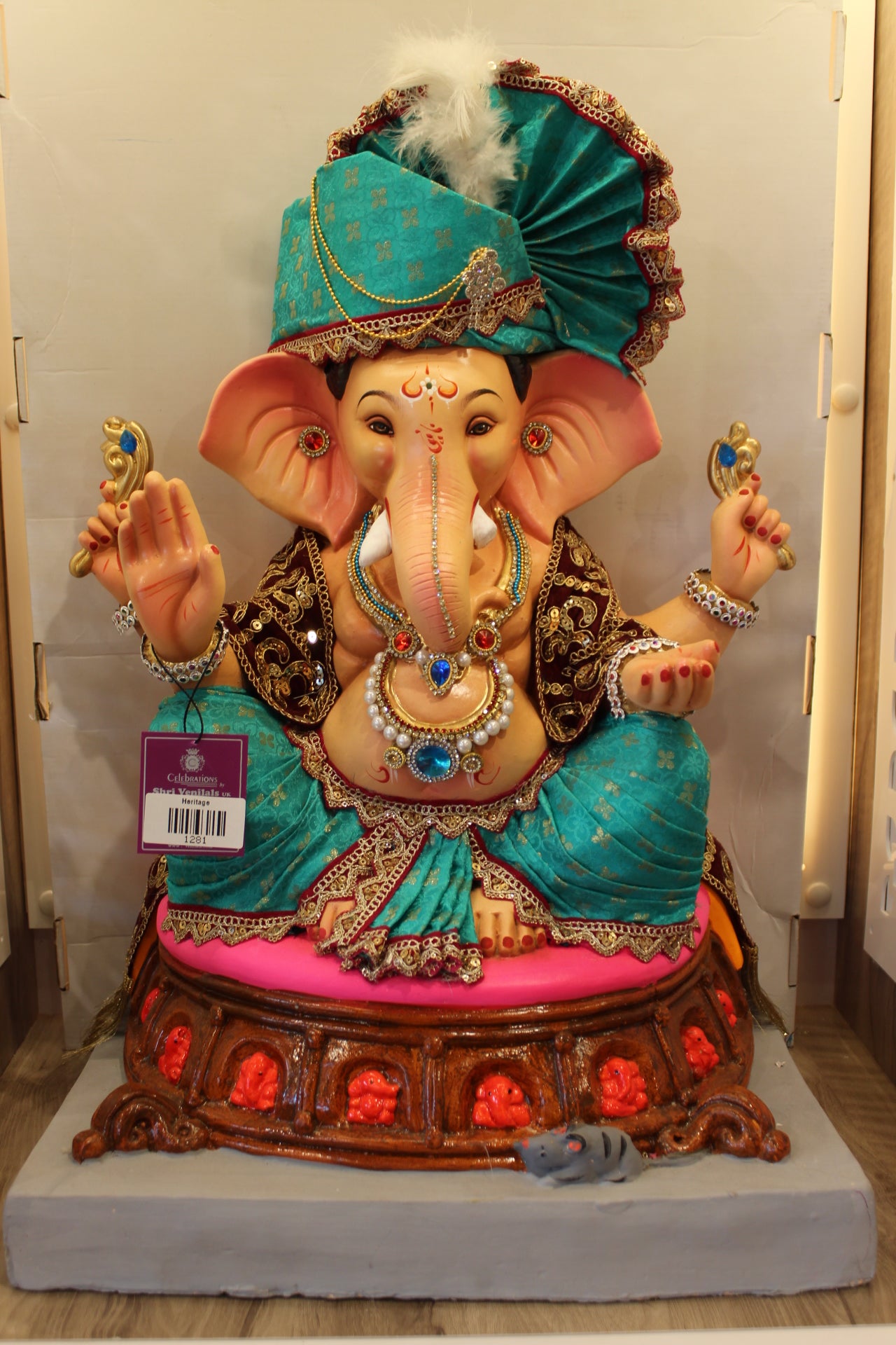Eco-Friendly Ganesh Visarjan Idol – Full Safa Set, Teal Velvet & Gold Dot, ~24 inch