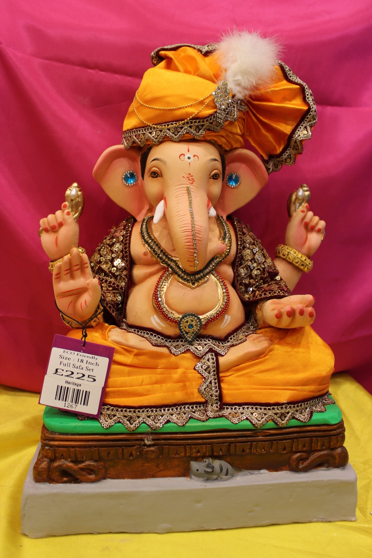 Eco-Friendly Ganesh Visarjan Idol – Full Safa Set, Marigold Silk & Antique Gold, ~18 inch