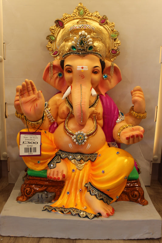 Eco-Friendly Ganesh Visarjan Idol – Marigold Dhoti & Magenta Drape, Gold Halo, 24 inch