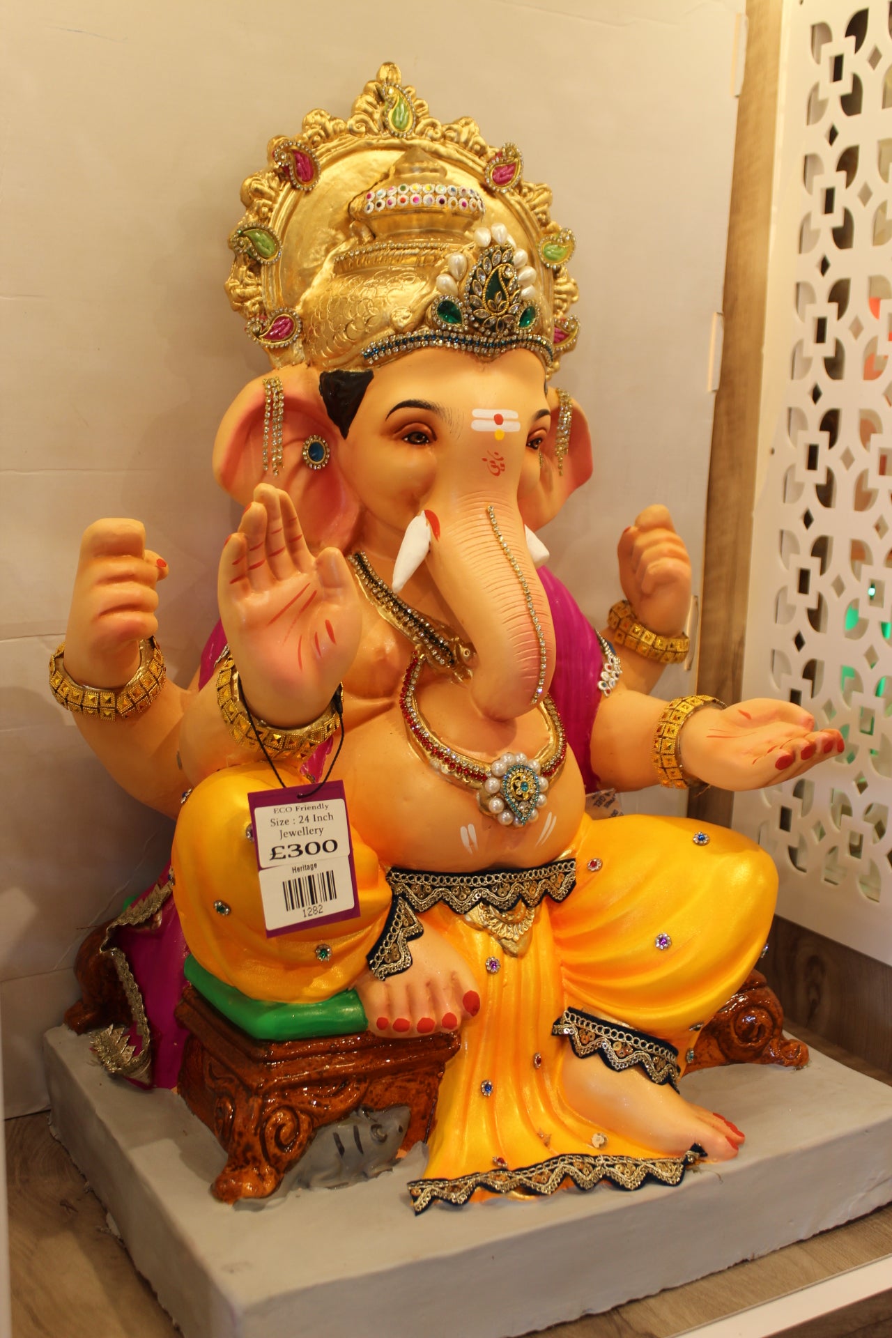 Eco-Friendly Ganesh Visarjan Idol – Marigold Dhoti & Magenta Drape, Gold Halo, ~24 inch